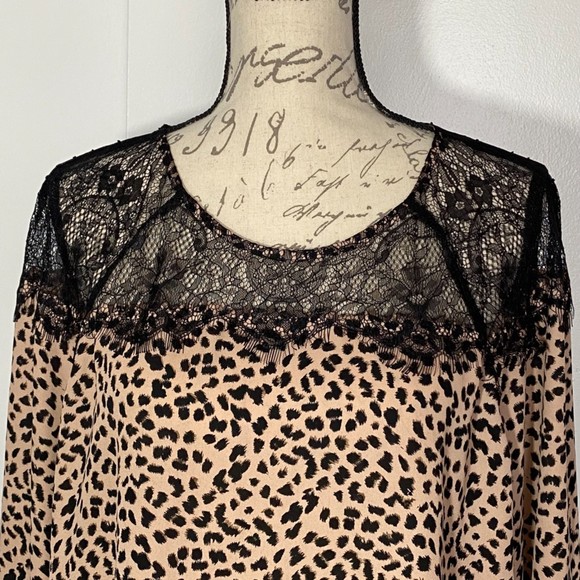 APT 9 Women's XL Black Lace Contrast Tan Cheetah Print Flowy Chic Blouse - Picture 4 of 7